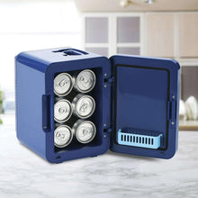 Blue mini thermoelectric cooler with door open, showing fan vent and hinges.