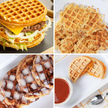 Mini waffle maker waffles with golden square grid texture on plates