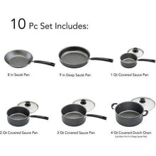 Non-stick cookware set of covered sauce pans and skillets, black handles
