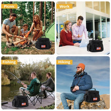 Black lunch cooler bag with zip top and shoulder strap, shown alongside people outdoors.