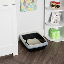 Open-top cat litter box with scoop, light blue rim and black pan with litter inside