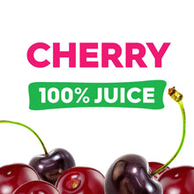 Cherry flavor graphic with cherries and green banner reading 100% juice