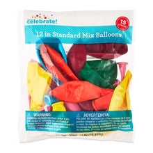 Pack of 12 in standard mix latex balloons, 15 pieces in sealed bag