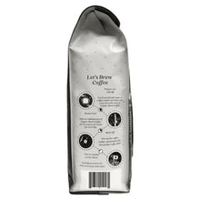 Dark roast whole bean coffee bag back, white label with brewing instructions