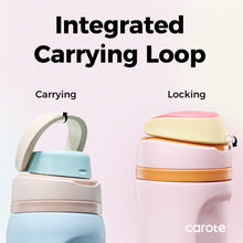 Insulated water bottle with integrated carrying loop, blue tumbler and pink tumbler