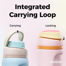 Insulated water bottles with integrated carrying loop and locking flip lids, blue and pink.