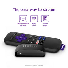 Black Roku streaming player with remote, showing purple shortcut buttons