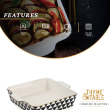 Square ceramic baking dish with black-and-white geometric pattern and gold rim trim