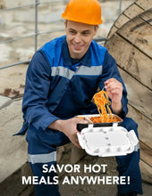 Heated lunch box with open lid beside a seated worker eating hot noodles outdoors