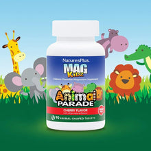 Children's chewable magnesium supplement bottle with animal-themed Cherry flavor label