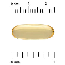 Single transparent omega-3 fish oil softgel capsule with measurement scale (0 to 1 inch)