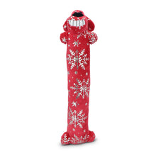 Plush dog loofa toy in red with white snowflake print and stuffed squeaker design