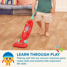 Child-sized red toy vacuum cleaner with teal handle and clear cyclone chamber