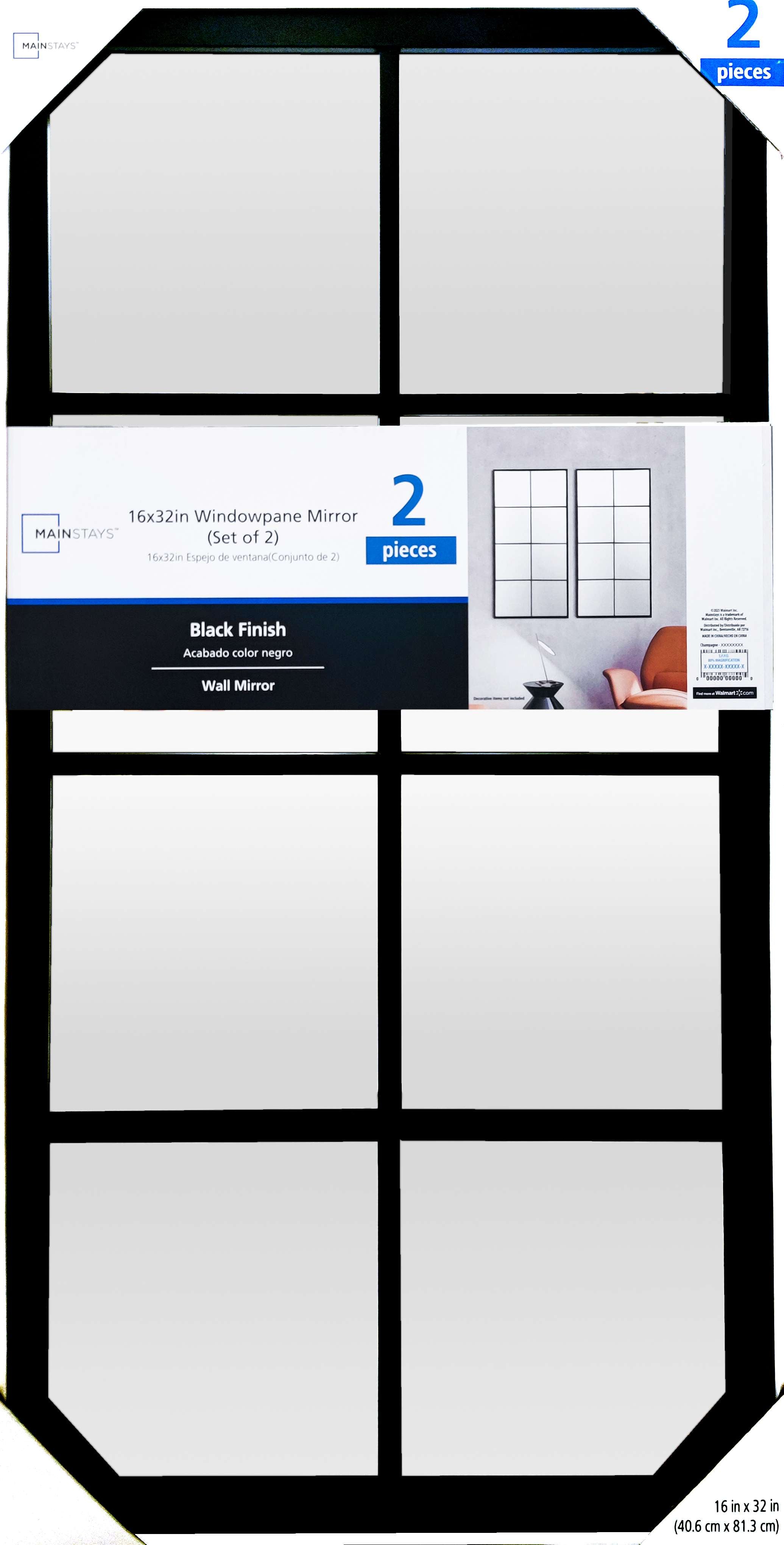 Mainstays 16x32 2 Pack Black Framed Large Wall Mirror Set for Living Room