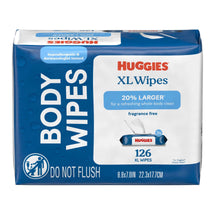 Huggies XL unscented wipes pack, 126 count, blue and white flip-top package