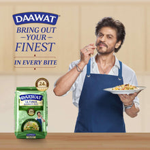 Basmati rice bag with DAWAAT branding, next to man holding a serving plate