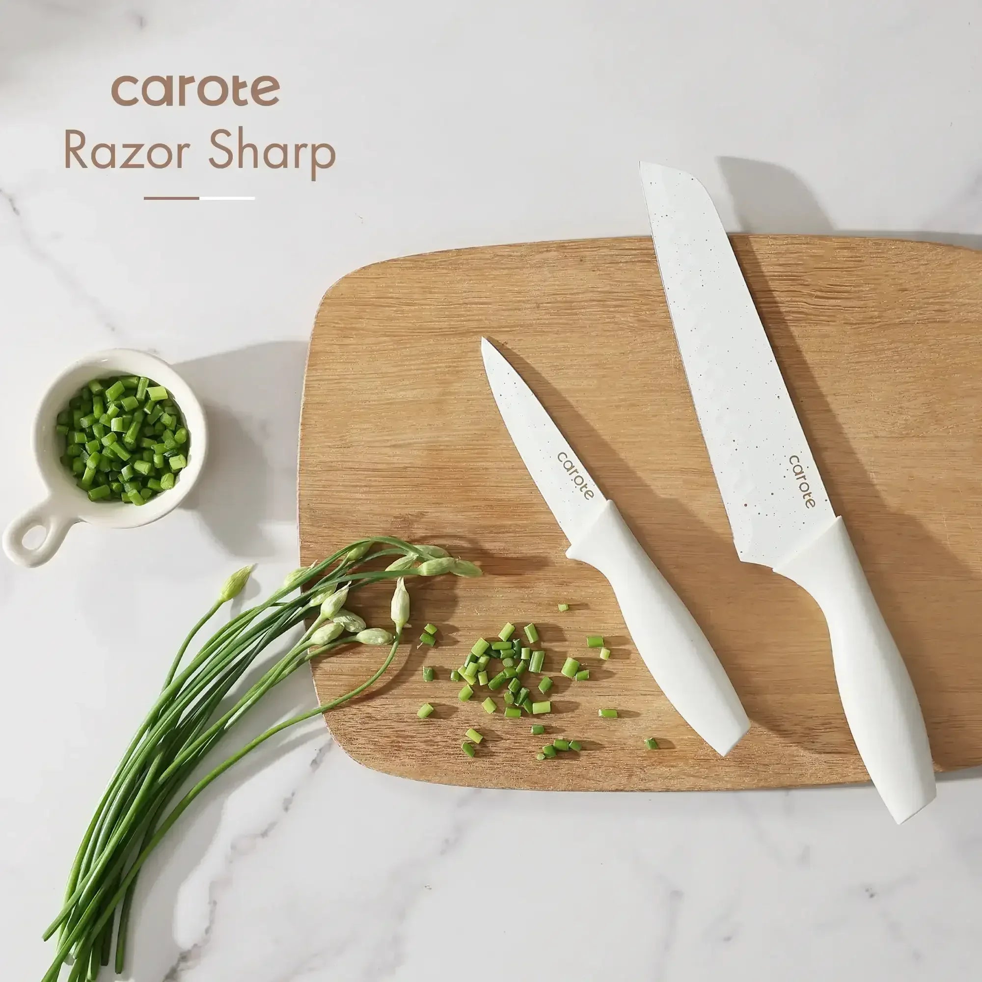 Carote 15-Piece Premium Kitchen Knife Set, Ceramic-Coated Blades with Stylish Wooden Block