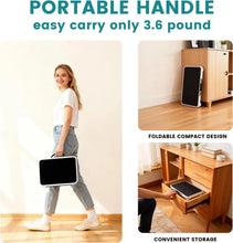Foldable step stool with black platform and portable carry handle for compact storage.