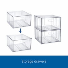 Clear plastic storage drawers diagram showing stacked drawer units and pull handle
