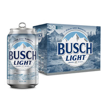 Busch Light beer can beside a 30-pack case, with blue mountain graphics.