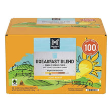 Light roast coffee pods box top showing Breakfast Blend label and 100 cups badge