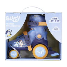Trainer roller skates in box, light blue boots, brown strap, yellow wheels