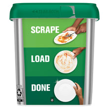 Cascade Platinum dishwasher detergent pods canister, green lid, scrape load done graphic