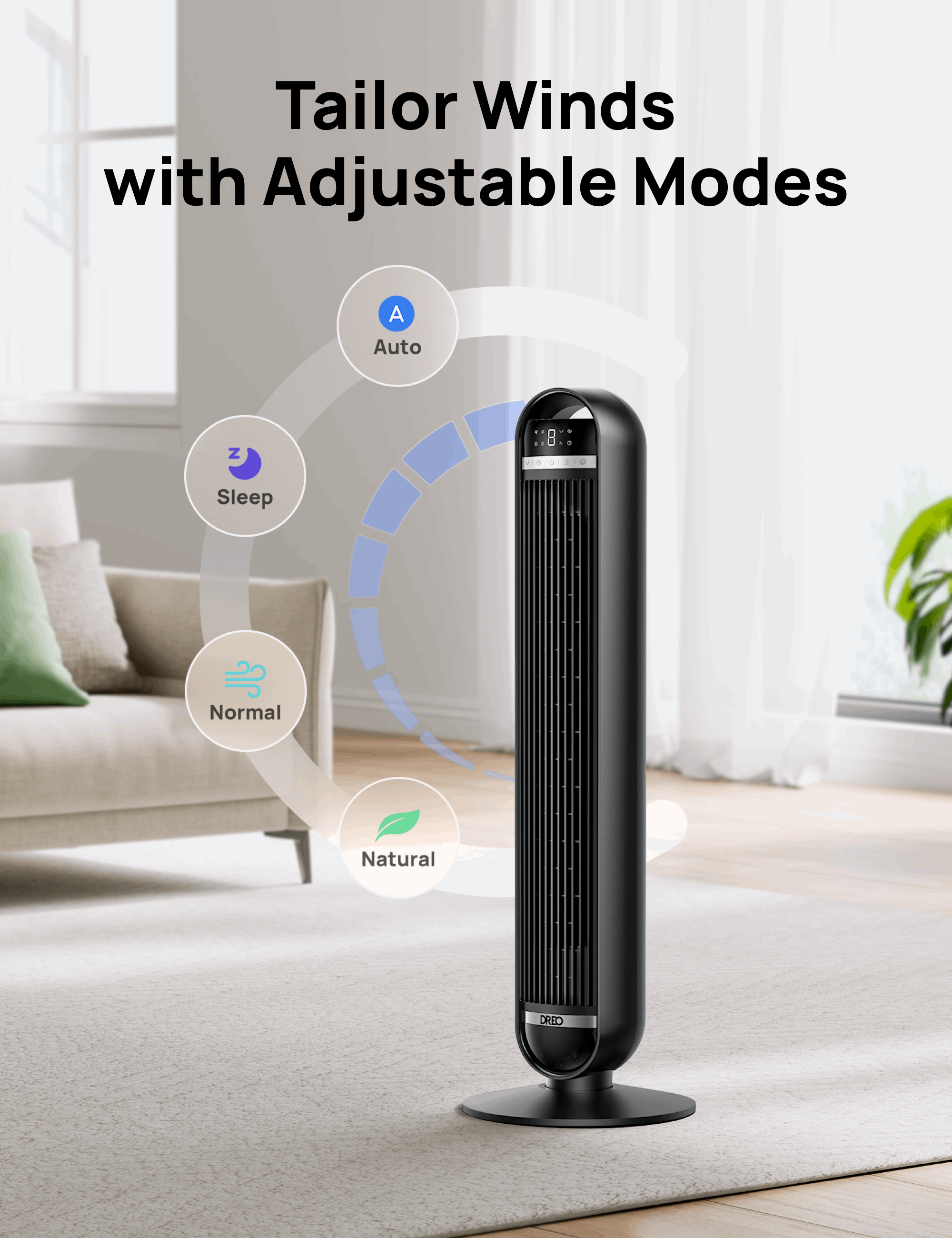 DREO Tower Fan, 27ft/s Velocity Quiet Floor Fan, 90° Oscillating Fans for Indoors with 8 Speeds, 4 Modes, Remote Control, Standing Fans, Bladeless Fan, Black, Nomad DC