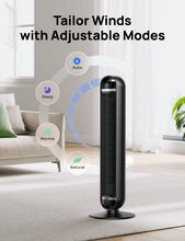 Black bladeless tower fan with mode icons and adjustable settings display