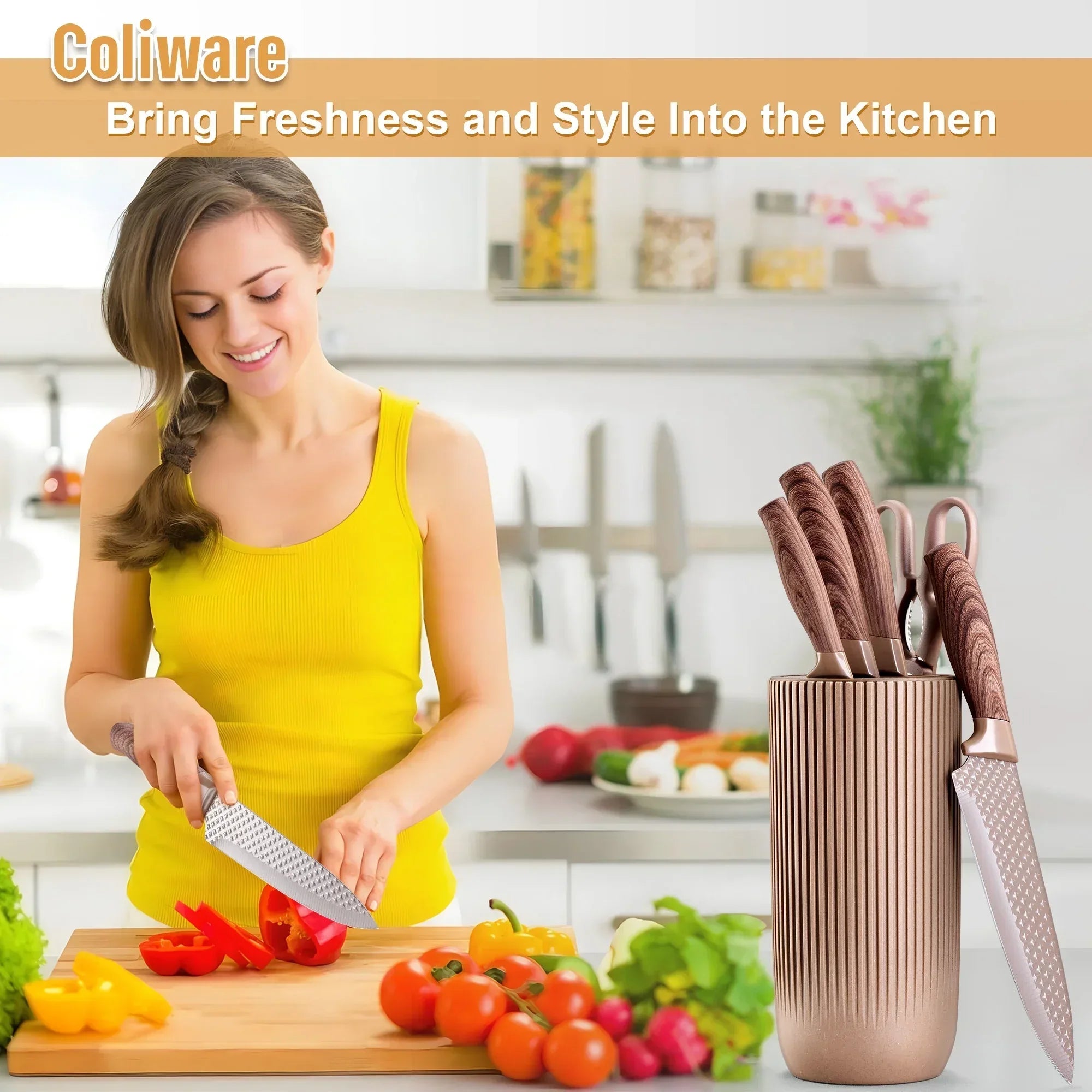 Joyfair Kitchen Knife Set, 7 Pcs Stainless Steel White Knives Block Set for Chef, Super Sharp Professional Knife Set with Universal Knife Block for Home Restaurant, Non-Stick & Anti-Rust - USA MEGA SHOP