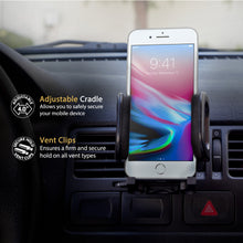 Black phone mount on dashboard with adjustable cradle and vent clips