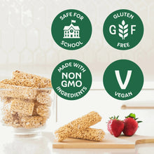 Puffed white rice snack bag with gluten-free, vegan, non-GMO and school-safe icons