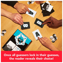 Card game cards with “Would You Rather?” prompts, players’ hands on tabletop