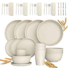 GPED 48 Pcs Wheat Straw Dinnerware Sets For 4, Unbreakable Dinnerware Sets, Reusable Wheat Straw Plates and Bowls Sets, Travel Camping Cutlery Set, Dishwasher Microwave Safe Dinnerware, Beige
