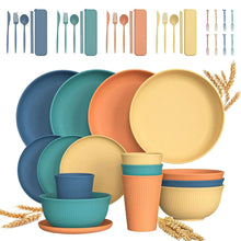 Wheat straw dinnerware set in assorted colors with plates, bowls, cups, and cutlery