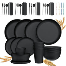 Wheat straw dinnerware set in black with plates, bowls, cups, and cutlery pieces