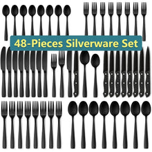 48-piece mirror-finished stainless steel flatware set with steak knives, black handles