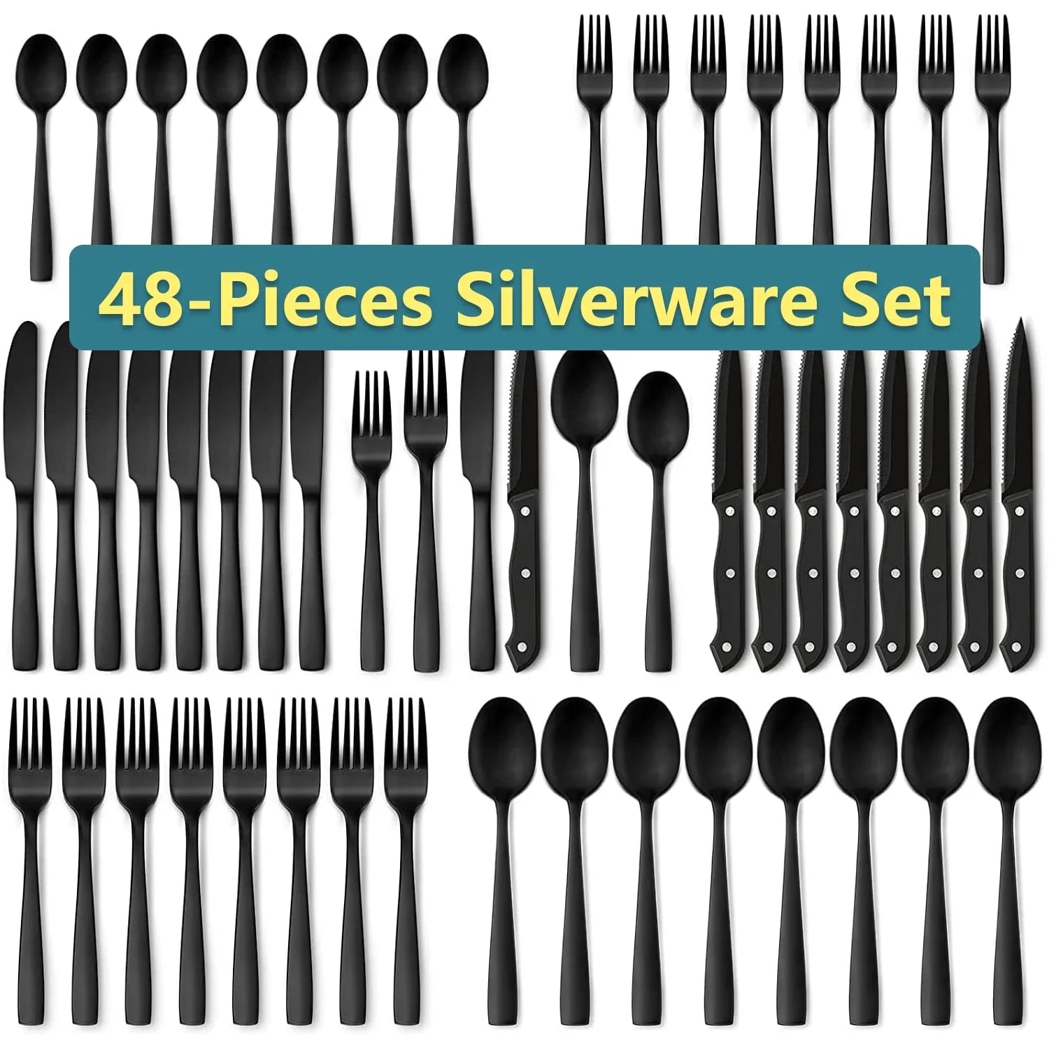 48-Piece Mirror Finished Black Silverware Set with Steak Knives, Black Flatware Set for 8, Stainless Steel Tableware Cutlery Set, Utensil Sets for Kitchen