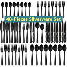 48-piece black and silver flatware set with steak knives, forks, and spoons