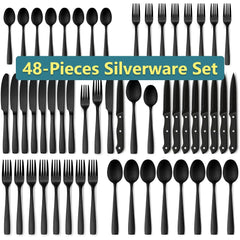 48-Piece Mirror Finished Black Silverware Set with Steak Knives, Black Flatware Set for 8, Stainless Steel Tableware Cutlery Set, Utensil Sets for Kitchen