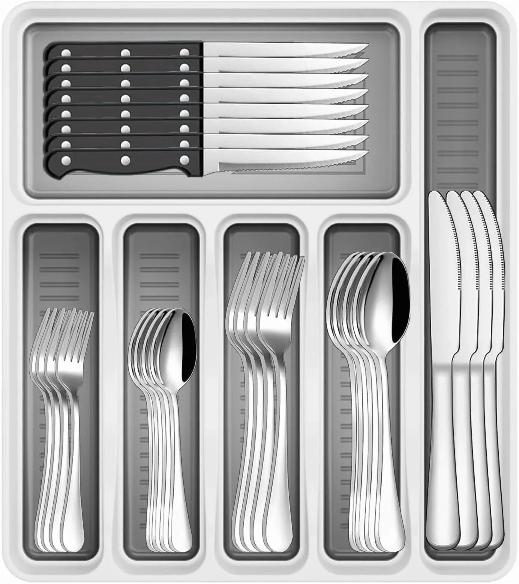 48-Piece Silverware Set with Organizer, Stainless Steel Silverware Flatware Set for 8, Kitchen Utensils with Steak Knives, Mirror Polished Dinner Knife, Forks, Spoons, Tableware Serving Tray