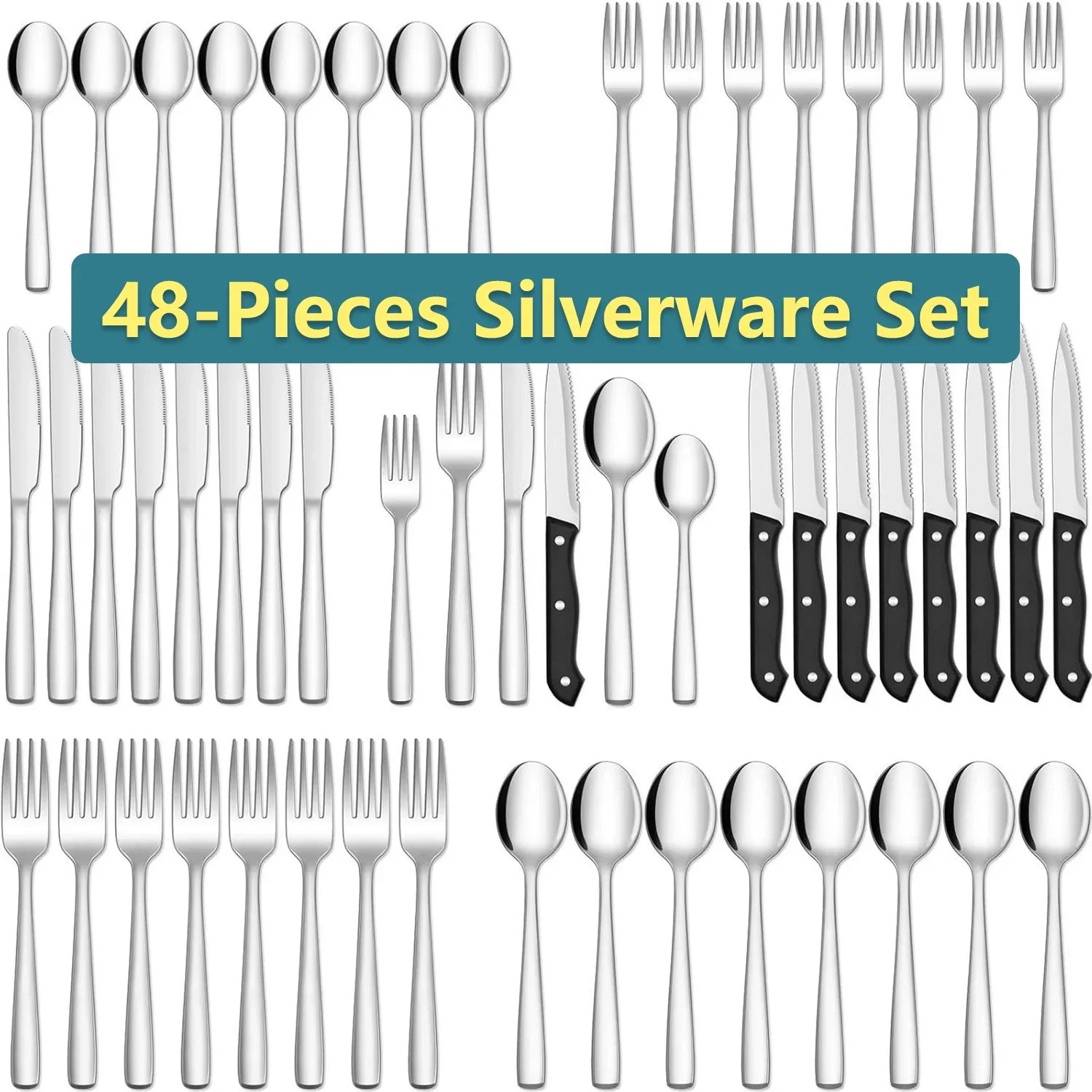 48-Piece Mirror Finished Black Silverware Set with Steak Knives, Black Flatware Set for 8, Stainless Steel Tableware Cutlery Set, Utensil Sets for Kitchen
