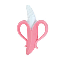 Pink silicone banana infant toothbrush with two side handles and white bristles
