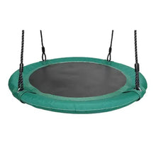 Green saucer swing with black ropes and dark mesh seat