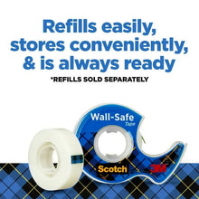 Wall-safe tape dispenser with refill roll, clear tape visible on blue plaid card