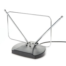 Indoor TV antenna with two angled metal rods and oval black base