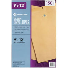Boxed 9 in by 12 in clasp envelopes, yellow kraft paper package