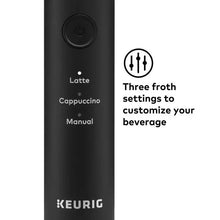 Black handheld milk frother with control labels: Latte, Cappuccino, Manual