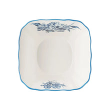 Square stoneware plate with blue floral border and center well
