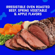 Oven roasted beef slices with carrots, peas, and apple-flavored food pieces